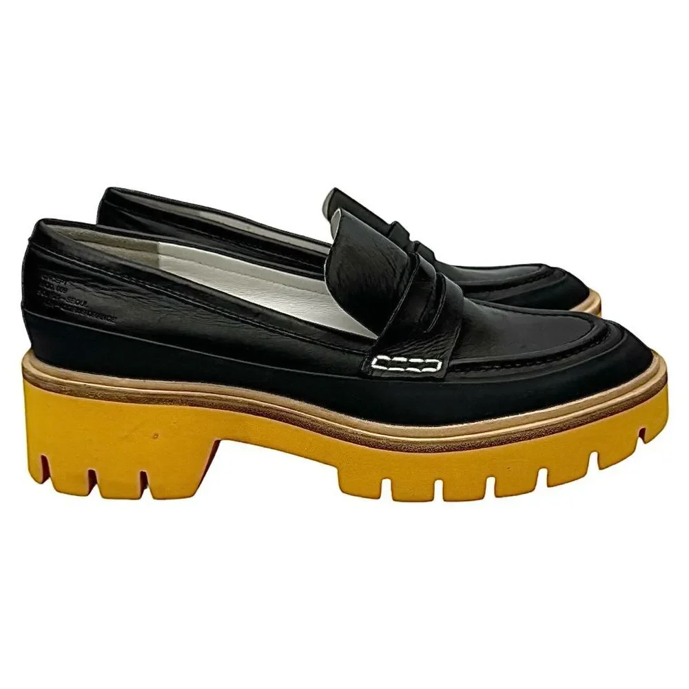 Anthropologie Oncept Heeled Loafers Black Yellow Womens Size 9 Boho Hipster NWOB